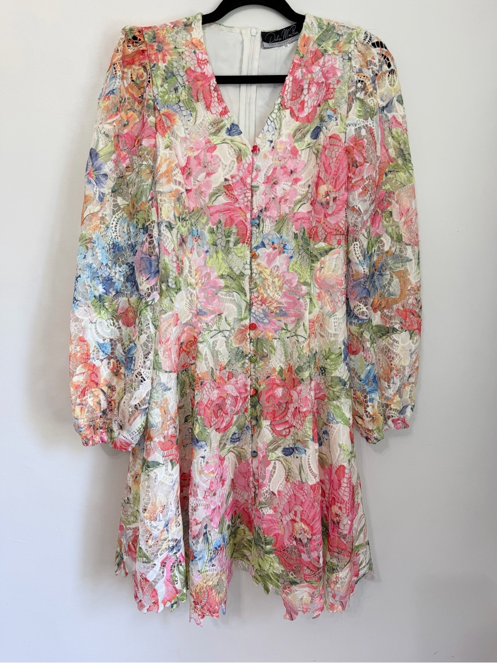 Dalia Macphee mini dress floral lace size medium long sleeve colorful